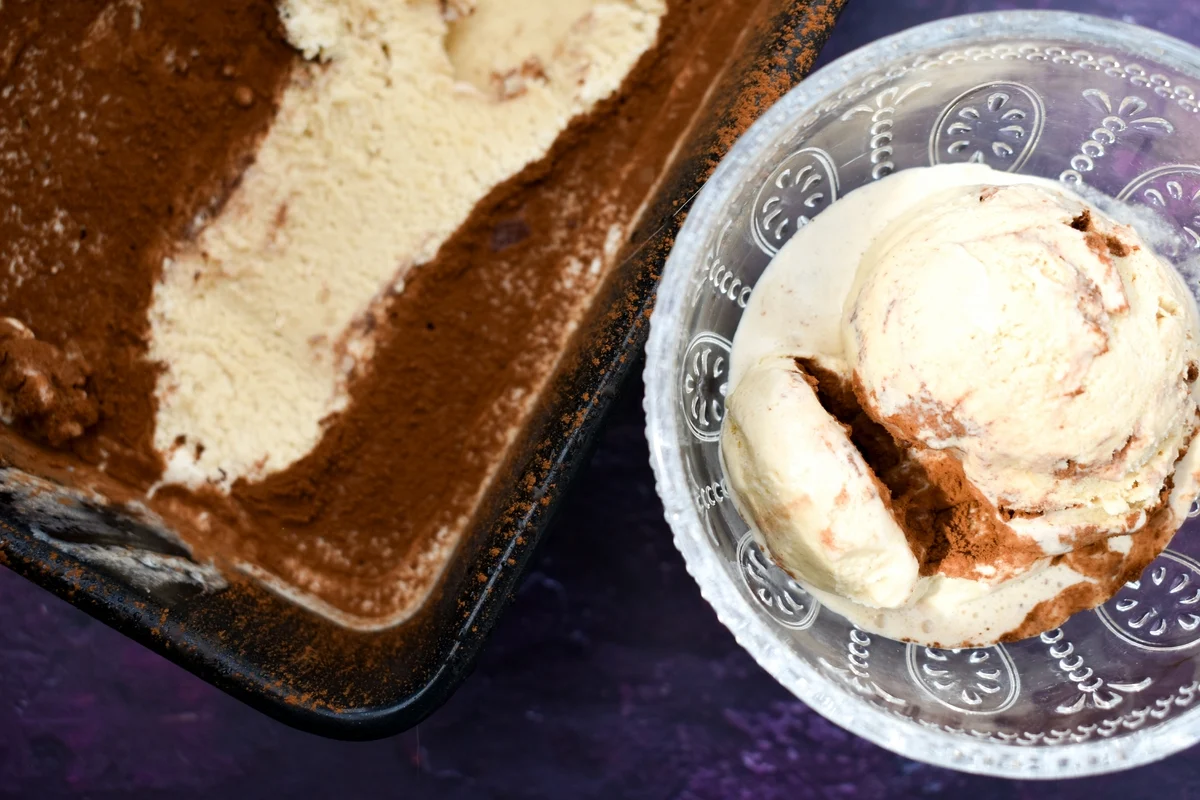 close up of vegan coffee ice cream in a glass bowl.