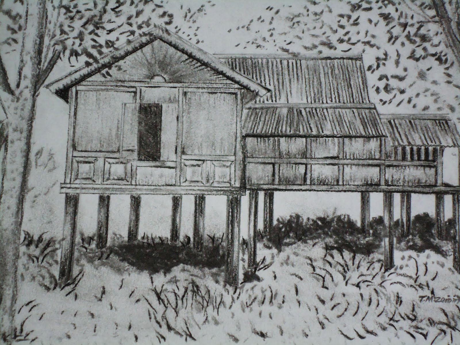 HASIL SENI LUKISAN  Kampung  House Medium Charcoal 