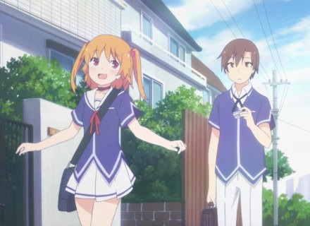 Chiwa and Eita walking to school in the bright, clear morning