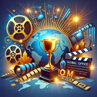 صورة ذات طابع سينمائي تعرض بكرات أفلام، تذاكر سينما، خريطة للعالم توضح الأسواق السينمائية الكبرى، وكأس ذهبي يرمز للأفلام الأعلى دخلًا عالميًا."