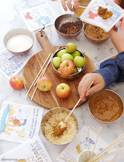 DIY Caramel Apple Station, perfect as an interactive fall desserts bar, for a fun snack time, Thanksgiving or after-school treat! by BirdsParty.com @birdsparty