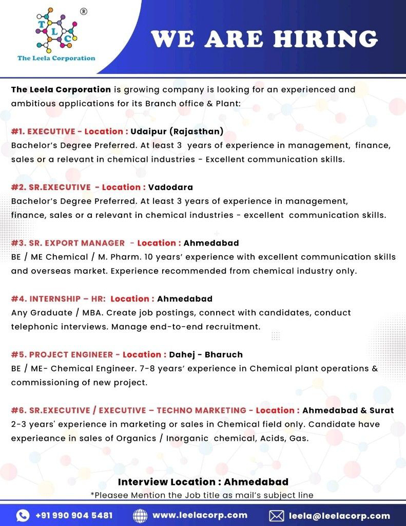 Job Available's for The Leela Corporation Job Vacancy for BSc/ BE/ ME Chemical/ Chemical Engineer/ M Pharma/ MBA