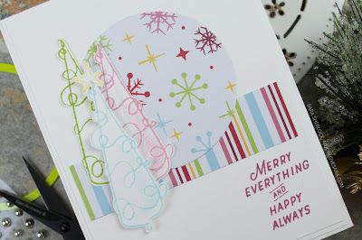 This hand stamped Christmas card has a fun 1950's retro feel, thanks to the bright and cheery colors.  Created using Fun Stampers Journey Merry Everything Stamp Set, and Cozy Winter Prints.   