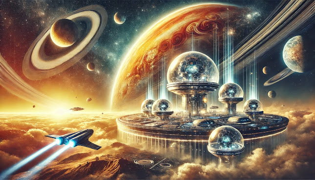 A conceptual illustration of futuristic floating cities above Venus’ cloud tops, with vibrant solar panels and high-tech structures