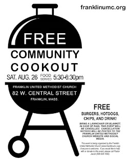 FREE community cookout at the Franklin United Methodist Church - Aug 26, 5:30 PM