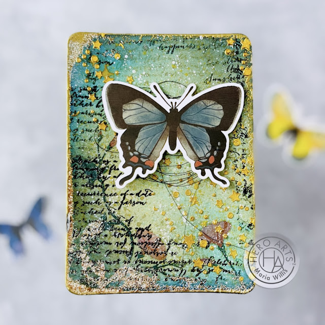 Cardbomb, Maria Willis,Hero Arts,My Monthly Hero  February 2023, MMH, mixed media, butterflies, art, color, sprays, DIY, handmade,Hero Wax, stamps, stencils, rub-ons, die cutting