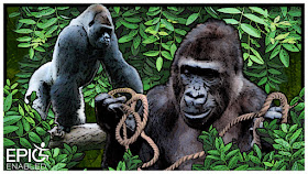 Two gorillas. A gorilla with a rope and a gorilla on a branch. Leafy background