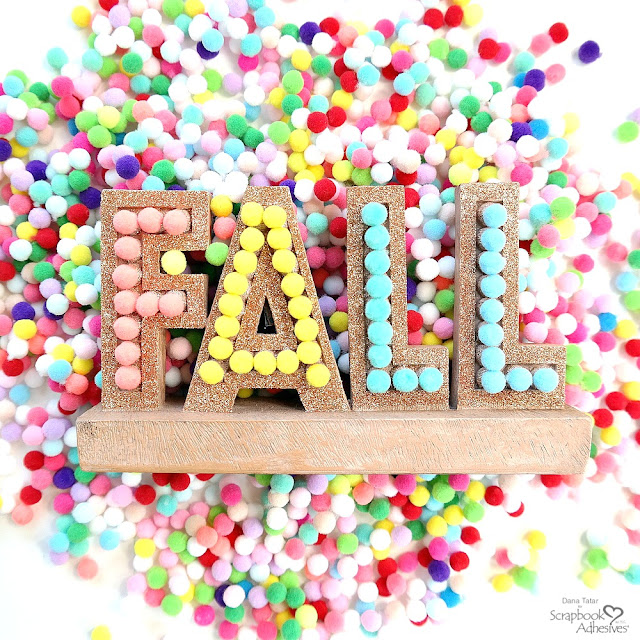 Tabletop Resin Fall Word with Copper Glitter and Colorful Pom Poms