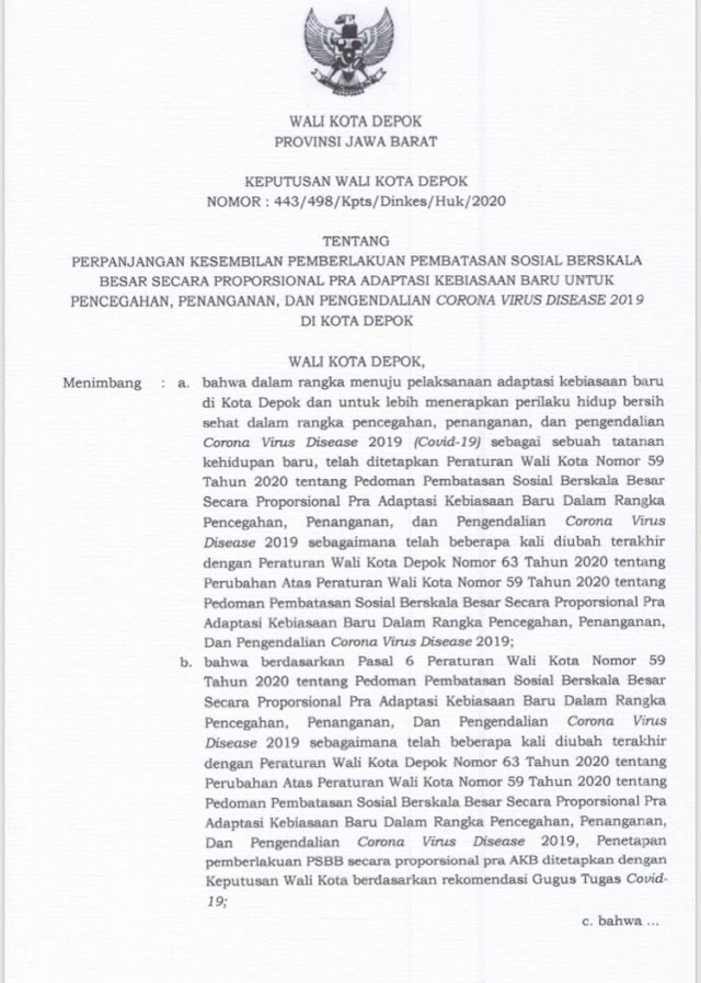 Cegah Covid-19, Pemkot Depok Perpanjang PSBB Proporsional Pra AKB 