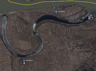 Carte GoogleEarth avec Kisiljevo et Kisilova de part et d'autre du bras mort du Danube(cliquer pour agrandir)
