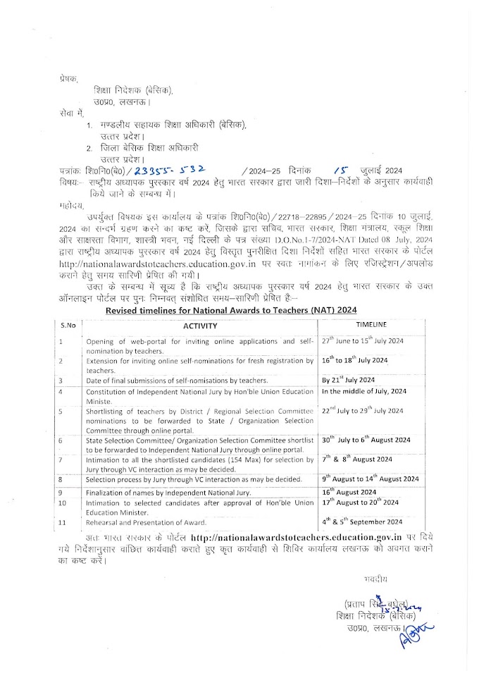 राष्ट्रीय अध्यापक पुरस्कार वर्ष 2024 हेतु भारत सरकार द्वारा जारी दिशा-निर्देशों के अनुसार कार्यवाही किये जाने के सम्बन्ध में।