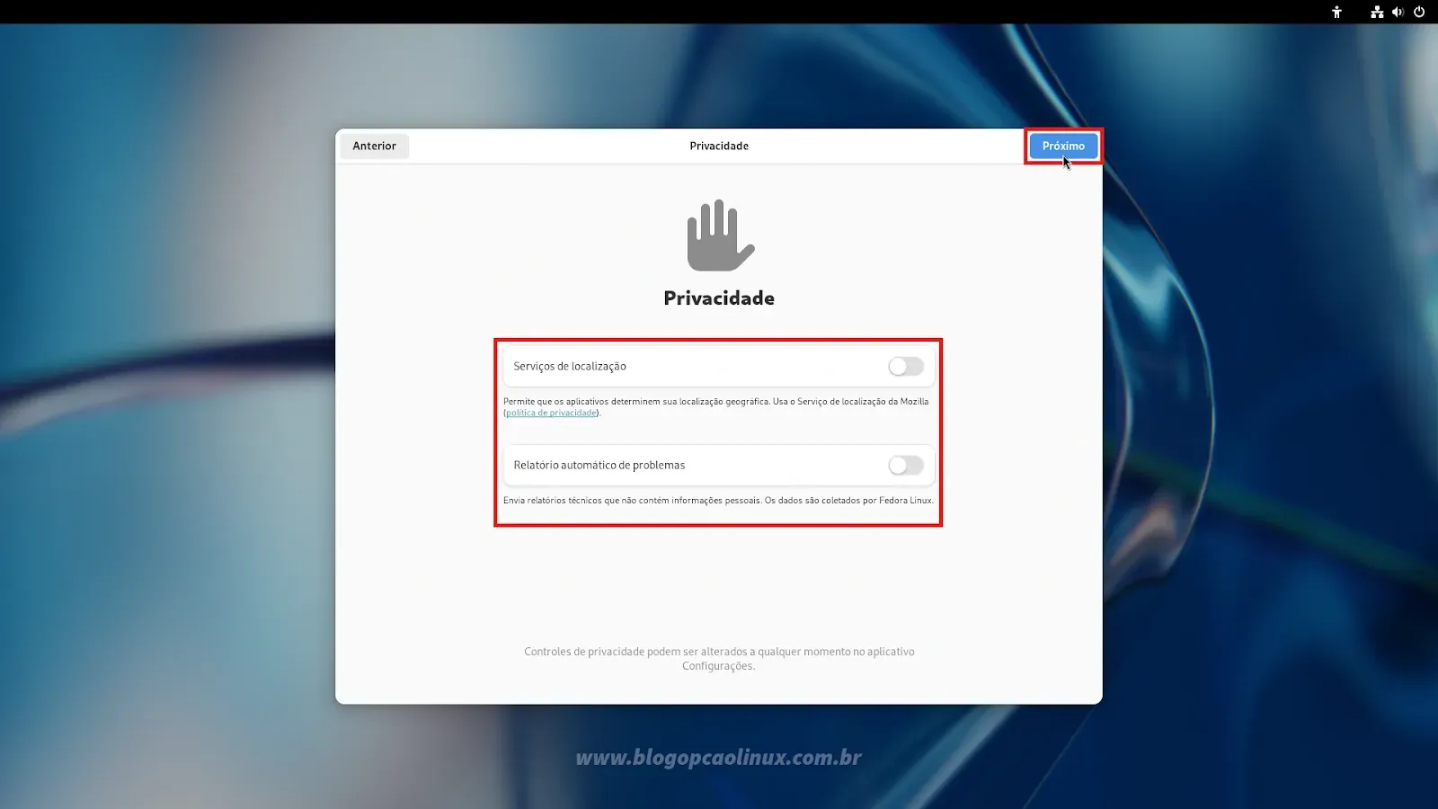 Defina as opções de privacidade