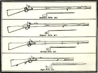Official Records illustrated Austrian musket of Augustin lock type converted to percussion, Belgian minie rifle also bought as smoothbores, regular Enfield, and Lorenz Jaeger rifle with broad single edge bayonet.