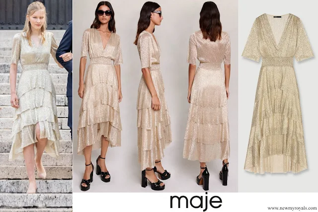 Princess Eleonore wore Maje Shimmer short sleeves ruffled midi dress