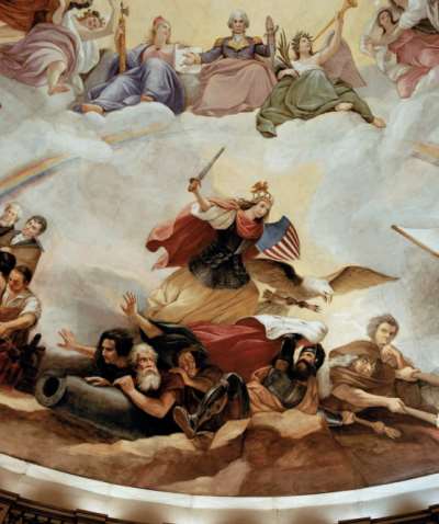 Η οπλισμένη Ελευθερία στη θεματική ενότητα του πολέμου στο έργο «Αποθέωση του Ουάσινγκτον»