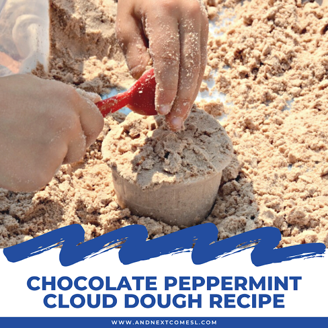 Chocolate peppermint cloud dough recipe for sensory play for kids