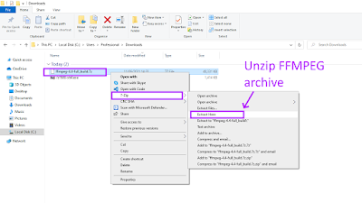 unzip ffmpeg archive on windows using 7zip tool
