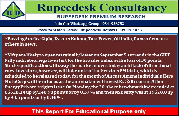 Stock to Watch Today - Rupeedesk Reports - 05.09.2023