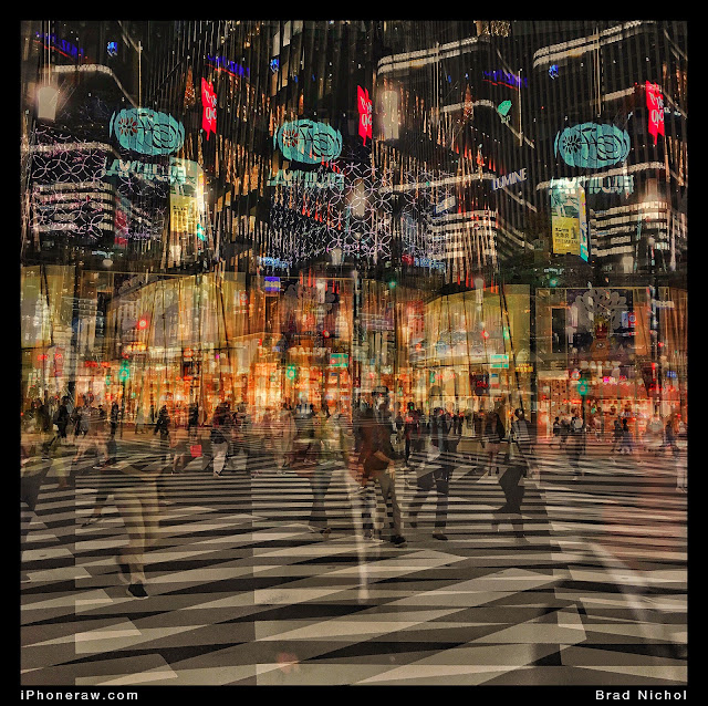 Tokyo plaza crossing at night in Ginza, Tokyo, Japan, multiple exposure, zebra crossing.