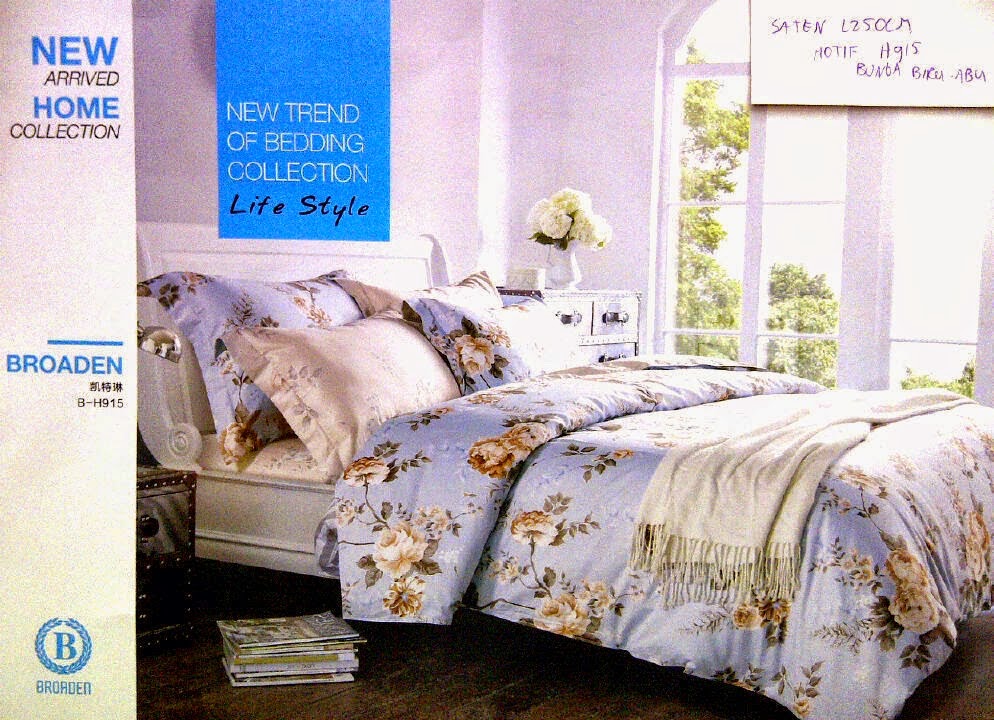 Sprei Satin Jepang Motif Bunga Biru Abu