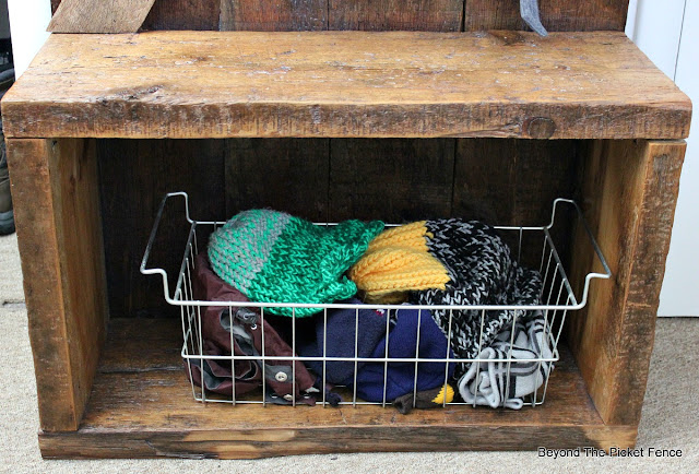 rustic hall tree, barn door, barnwood, coat hook, storage, http://bec4-beyondthepicketfence.blogspot.com/2016/03/rustic-barnwood-hall-tree.html