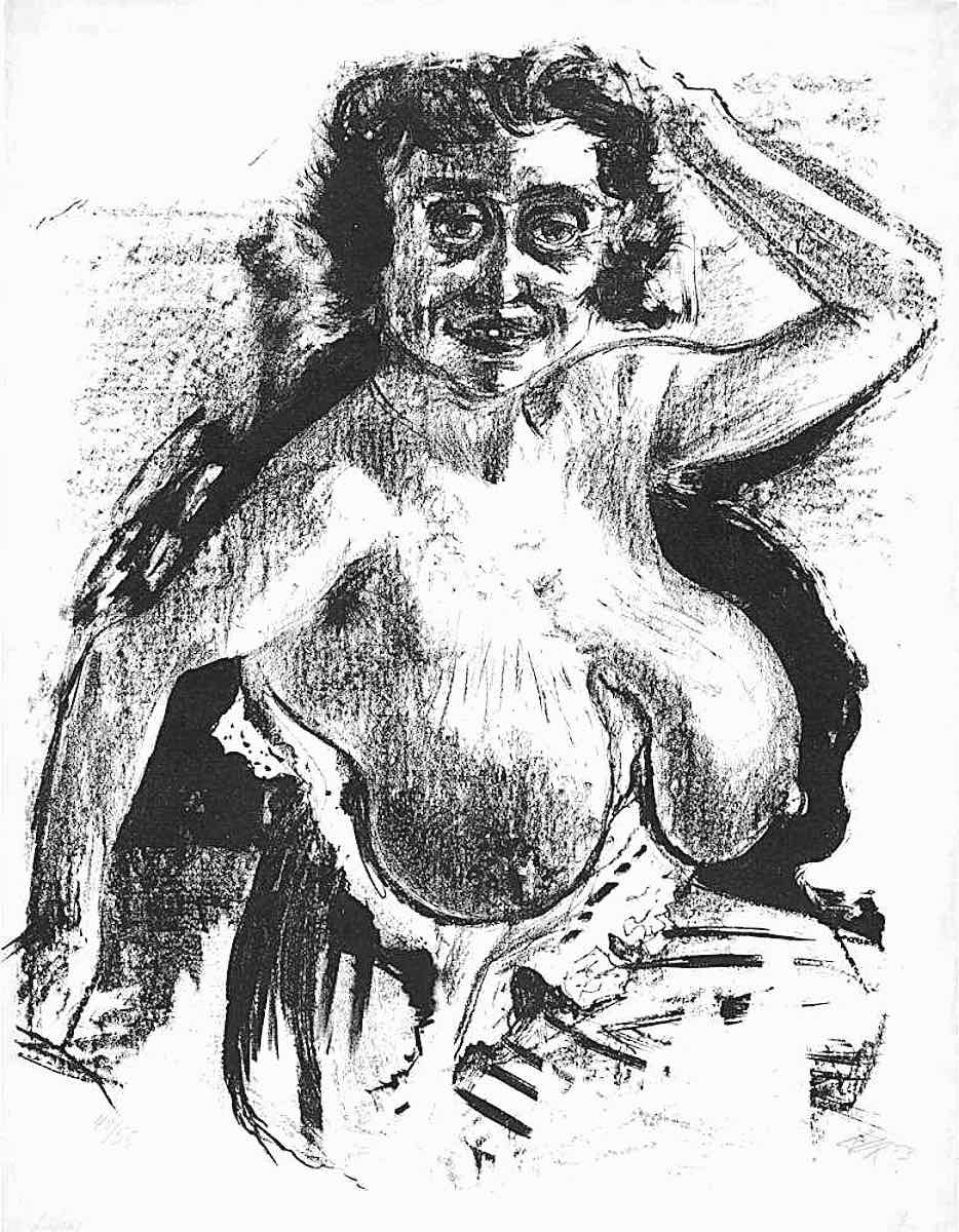 a drawing by Otto Dix of a smiling older woman with breasts exposed