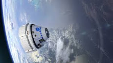 Space shuttle "Boeing CST Starliner" in Earth orbit. It is a reusable spacecraft developed by Boeing for commercial spaceflight. It can carry up to seven people and is designed to deliver astronauts to the International Space Station.