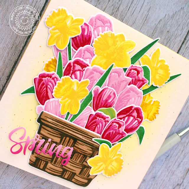 Sunny Studio Stamps: Layered Basket Daffodil Dreams Timeless Tulips Spring Card by Vanessa Menhorn