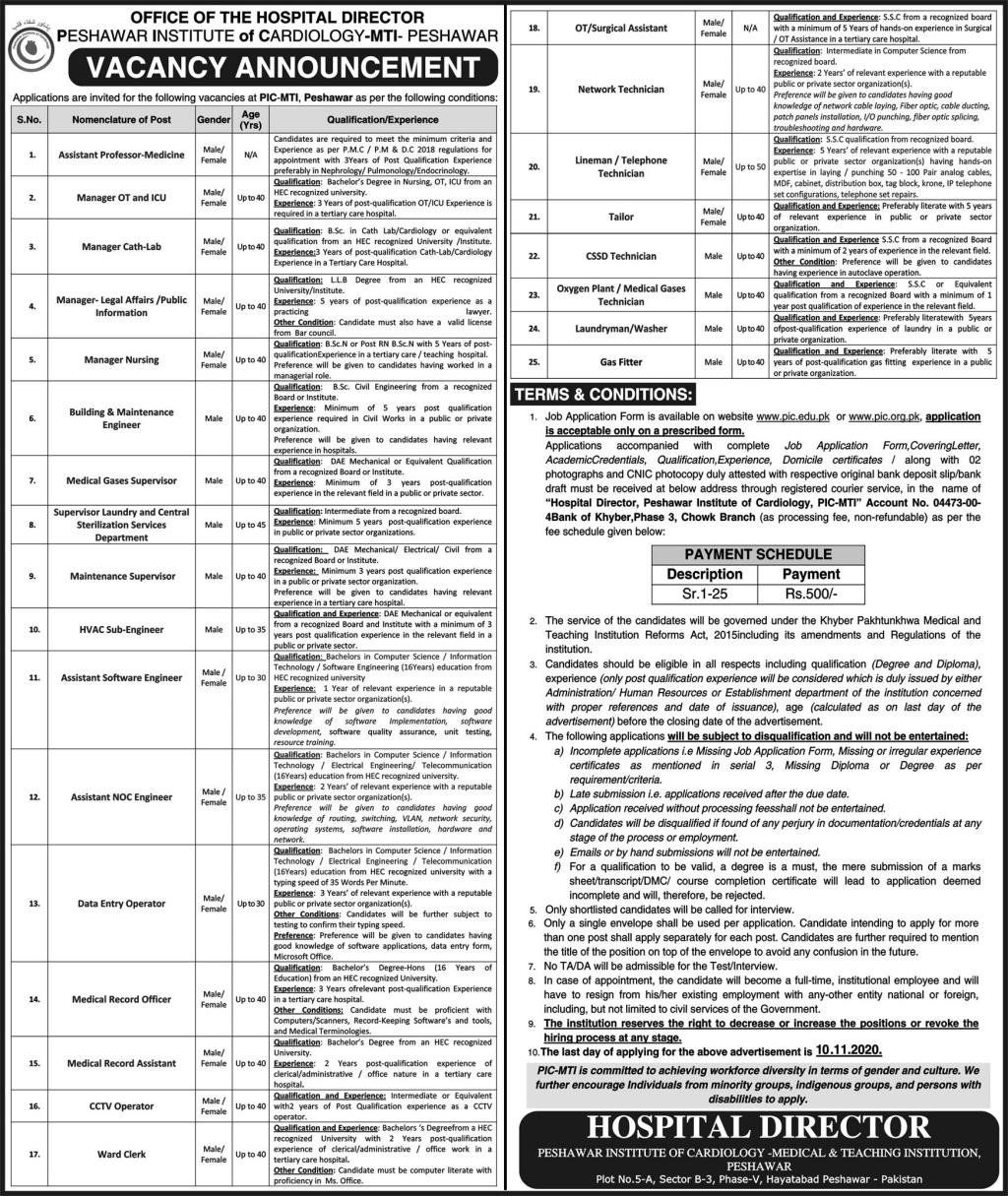 7038+Vacancy in Peshawar Institute Of Cardiology MTI Jobs October 2020