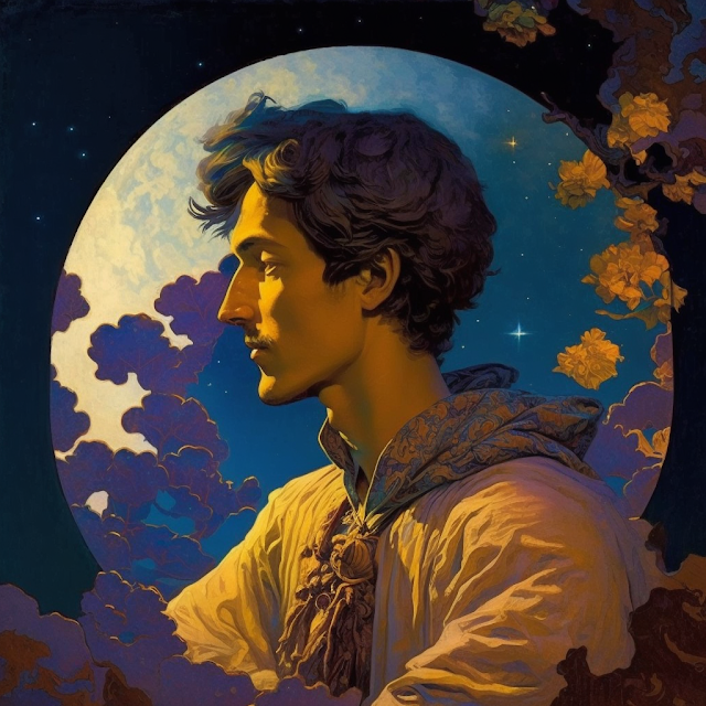 A young man from the One Thousand- and One-Nights Book universe as imagined  by Midjourney AI