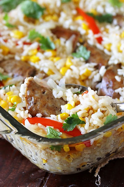 Baking Dish of Sausage and Rice Casserole Image