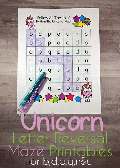free unicorn b and d letter reversal maze worksheets