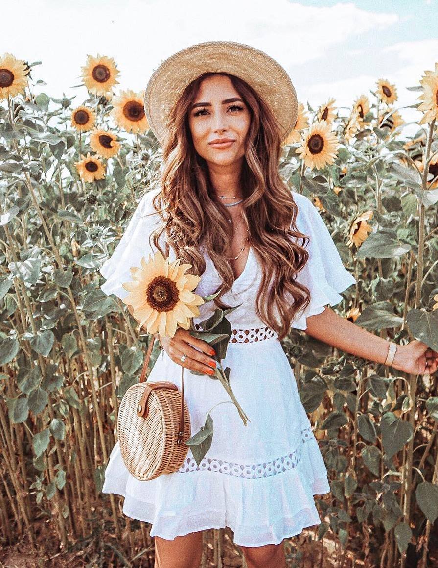 summer outfit inspiration / hat + white dress + straw crossbody bag