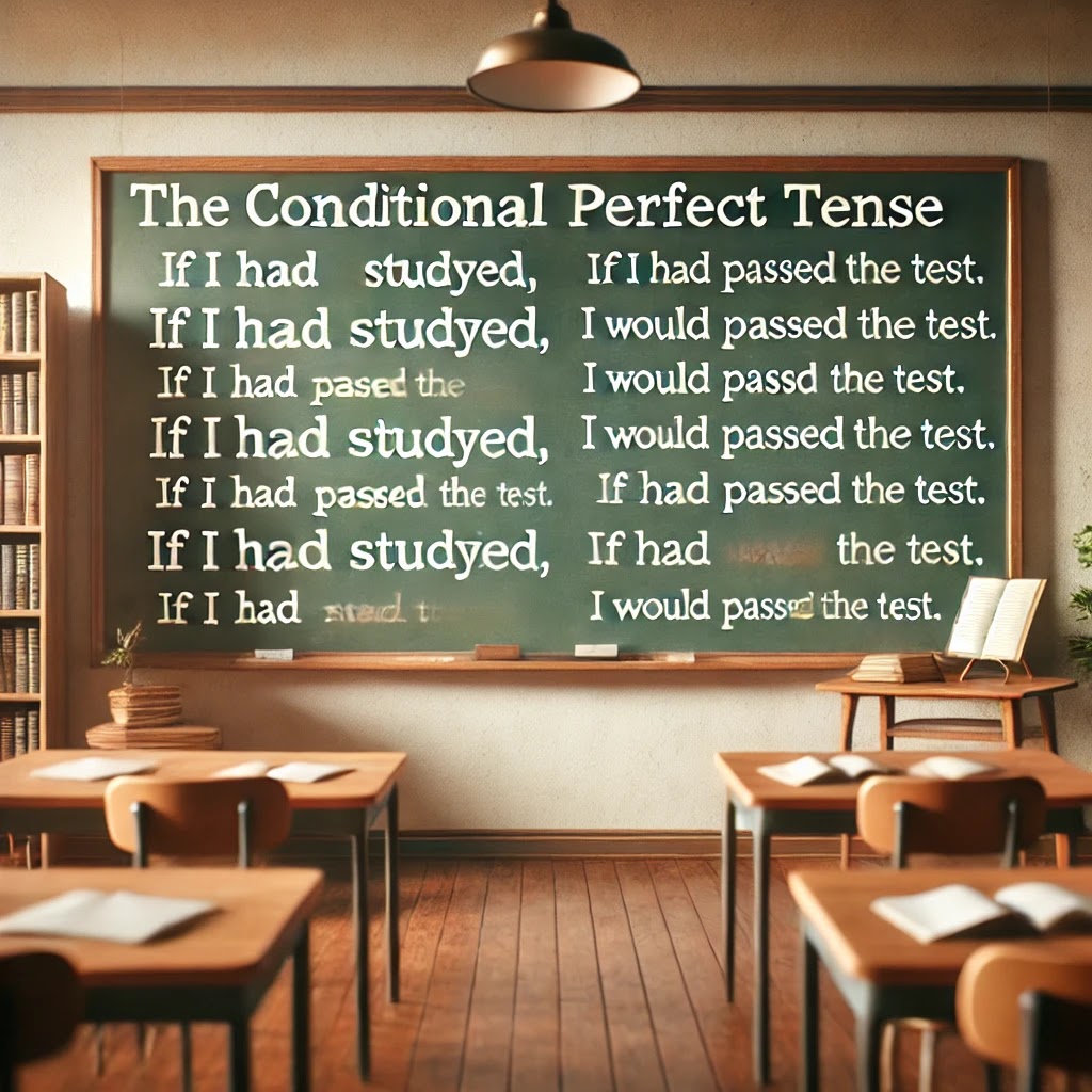 Examples of the conditional perfect tense on the board in English Class at school.