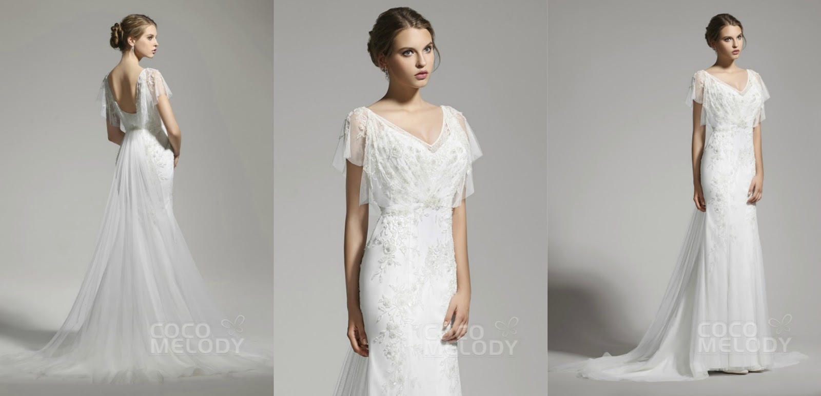  Delicate Sheath-Column V-neck Tulle Ivory Cap Sleeve Wedding Dress with Beading