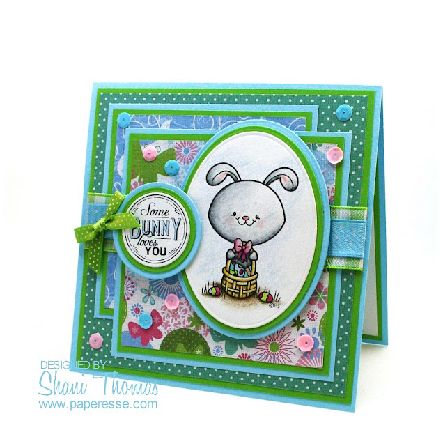 Easter card with 2 Cute Ink Easter Bunny Basket digital stamp, design by Paperesse.