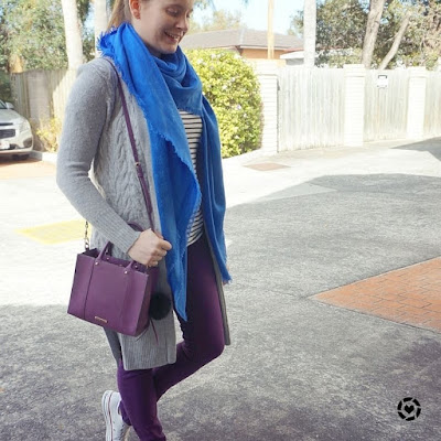 awayfromtheblue instagram purple skinny jeans maxi cardigan blue louis vuitton shawl 