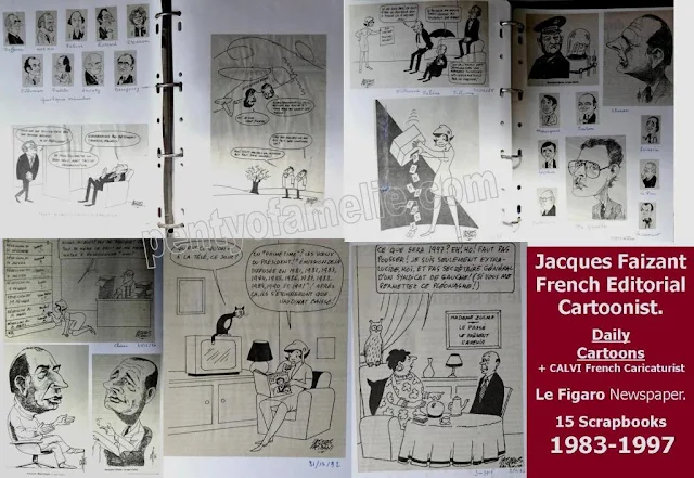 French Editorial Cartoonist Jacques Faizant, Sample of Daily Cartoons for Le Figaro Newspaper collected in 15 Scrapbooks.1983-1997 Period