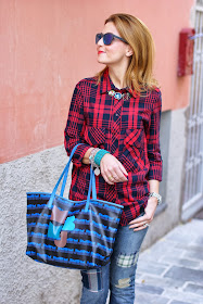 Zara tartan shirt, colorful statement necklace, Marc by Marc Jacobs tote, Fashion and Cookies, fashion blogger