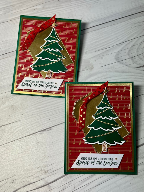 Holiday greeting card using Stampin' Up! Merriest Trees Stamp Set and Dies