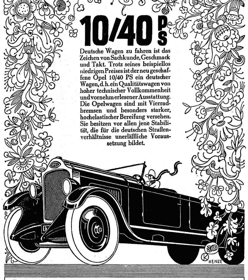 a 1927 Opel car advertisement with illustration of a woman driving