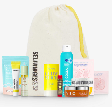 Selfridges Jet Set Summer Skin Bundle 2022  Includes:  Supergoop! glow stick SPF 20g  Lancaster body milk 50ml  Coola unscented body spray SPF50 117ml  Sun Bum Watermelon lip balm SPF30 4.25g  Frank Body A-Beauty coffee scrub 100g  Sol de Janeiro Bum Bum cream 75ml  Pixi glow mist 80ml  Dr Jart+ Ceramidin cream 15ml  Rodial Vit C Brightening Pads mini pack of 20  Patchology Rose eye gel single  Patchology Rose sheet mask single  Comes with Selfridges branded drawstring canvas bag