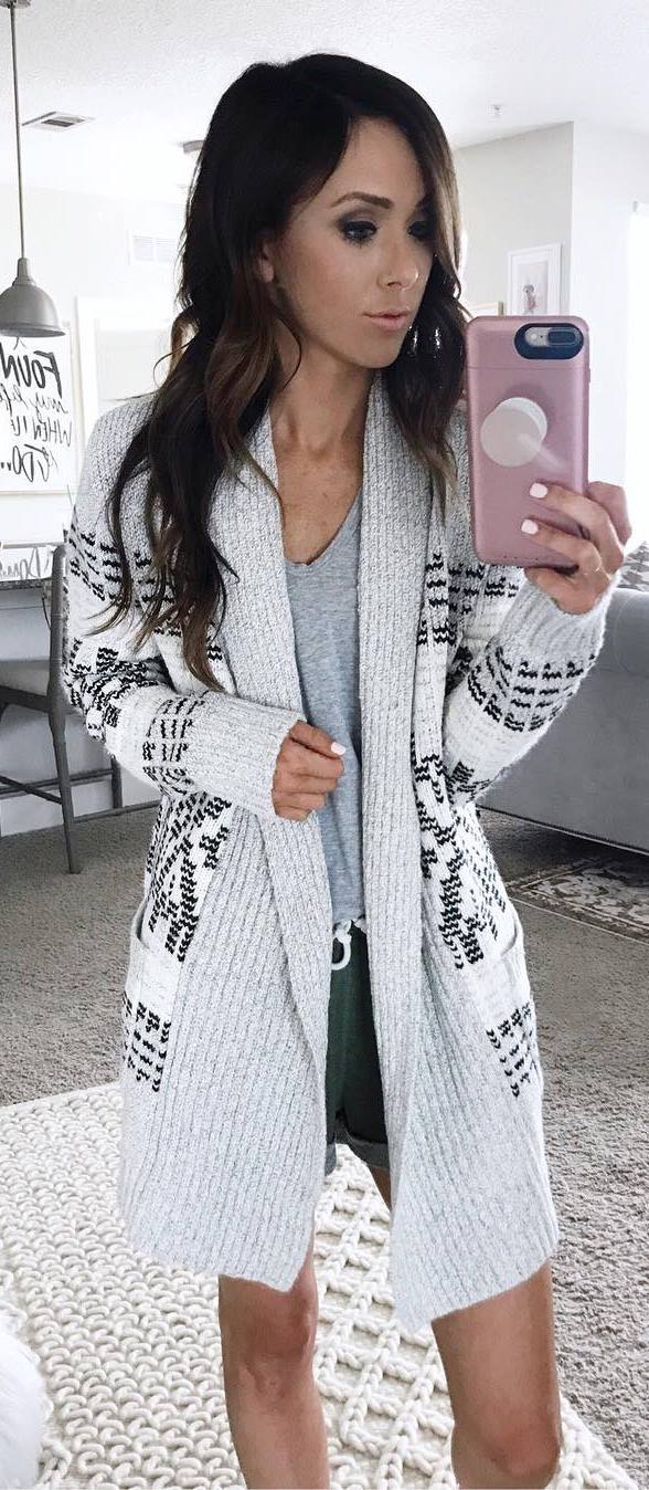 cute outfit / knit cardigan + grey top + shorts
