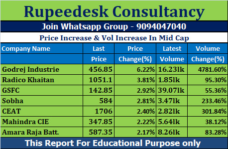 Price Increase & Vol Increase In Mid Cap