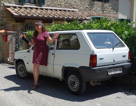 Artist with new old Fiat Panda art sale car buying in Italy