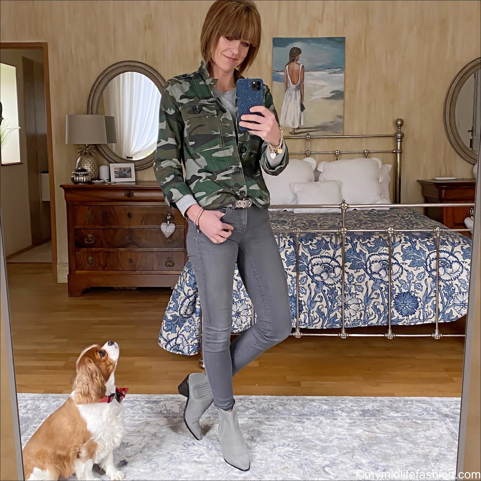 my midlife fashion, j crew camouflage overshirt, Marks and Spencer pure cotton straight fit t shirt, the white company suede belt, j crew 8 inch toothpick jeans, jigsaw western heel ankle boots
