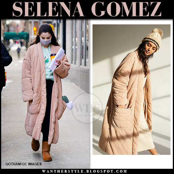 Selena Gomez in pink quilted long duvet coat