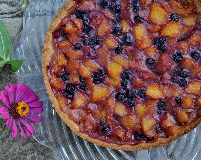 Peach Blueberry Cake ♥ KitchenParade.com, a rustic summer cake, part tart, part deep-dish pie. Rave reviews!