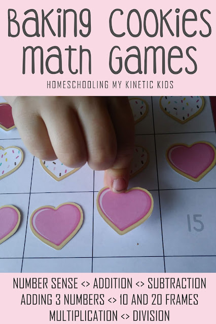 Cookie Baking Subtraction Games // Homeschooling My Kinetic Kids // number sense, addition, subtraction, adding 3 numbers, 10-frame math, 20-frame math, multiplication, division, elementary math, kindergarten math, pretend play disguised as learning