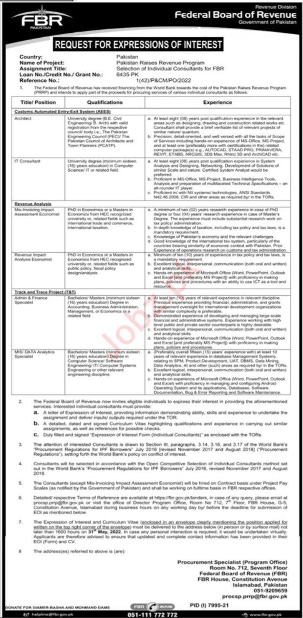 FBR jobs 2022 advertisement in newspaper - govt jobs in pakistan 2022
